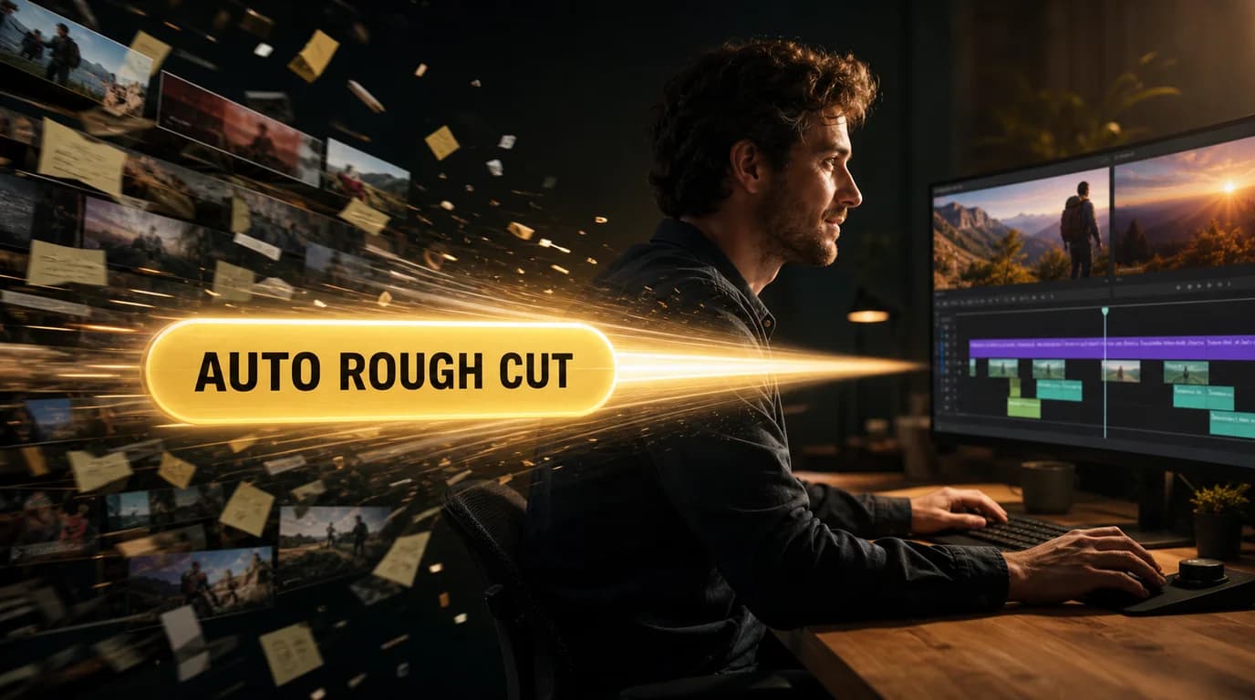 Video editing thumbnail spotlighting an automatic rough cut feature
