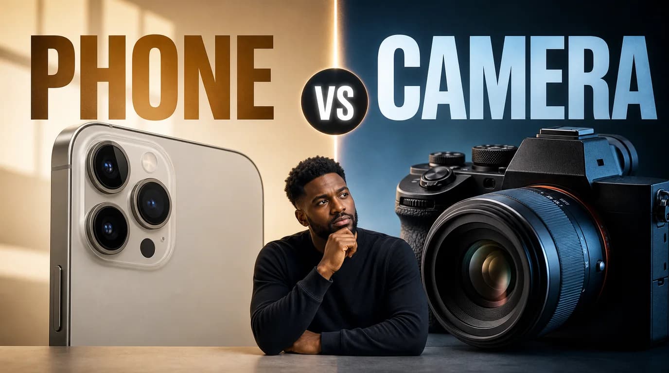 Camera thumbnail comparing a phone with a professional camera